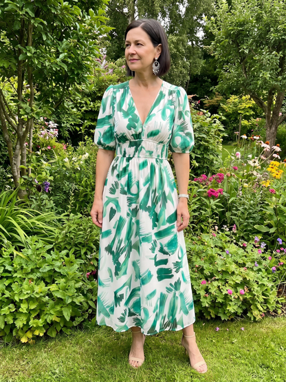 Candlia | Puffärmel V-Ausschnitt Midi Kleid mit abstraktem Druck