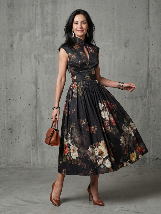 Greta | Hochgeschlossenes Schlüssel-Loch Blumengeplissertes Midi-Kleid