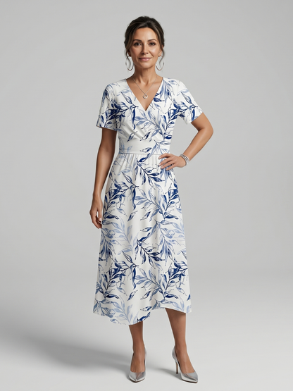 Kael | V-Ausschnitt Midi-Kleid mit sanftem botanischem Druck