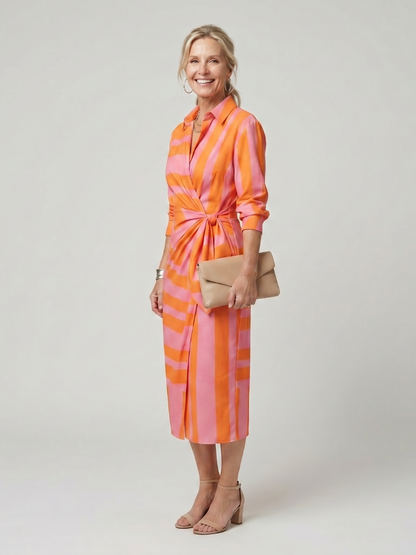 Leya | Midi-Kleid mit langen Ärmeln und Kragen im Streifenmuster