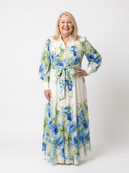Harper | Langärmliges Blumenknopf-Front-Maxikleid