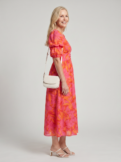 Zarelle | Puffärmel V-Ausschnitt Midi-Kleid mit kräftigem Blumenmuster