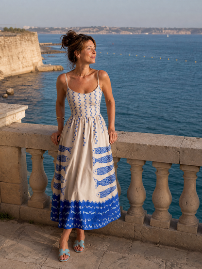 Auvelle | Ärmelloses Midi-Kleid mit Fischmuster