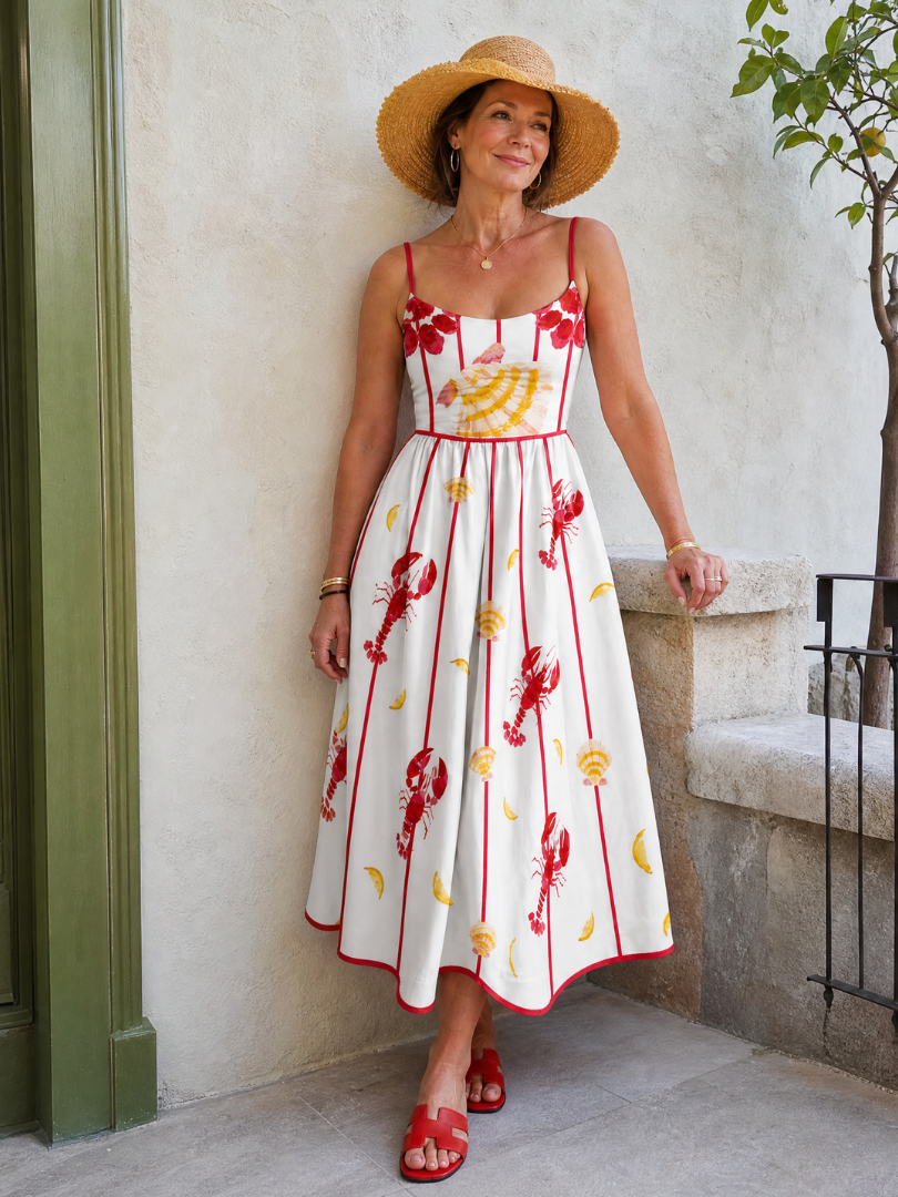 Auvelle | Midi-Kleid mit Hummer- und Muschel-Muster