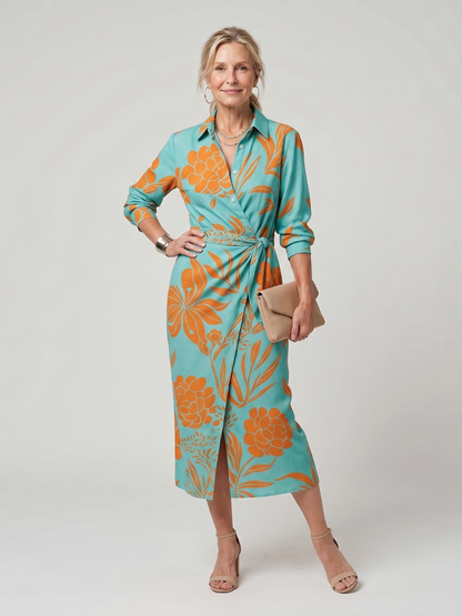 Leya | Midi-Kleid mit langen Ärmeln und Kragen im Streifenmuster