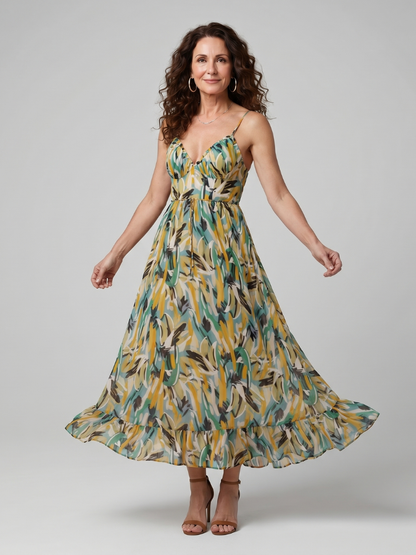 Quill | Spaghetti-Träger Midi-Kleid mit abstraktem Druck