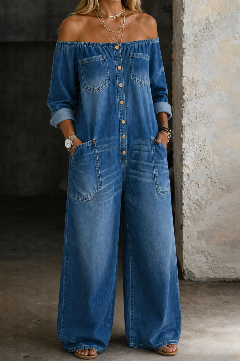 Elena | Jumpsuit mit schulterfreien und langen Ärmeln