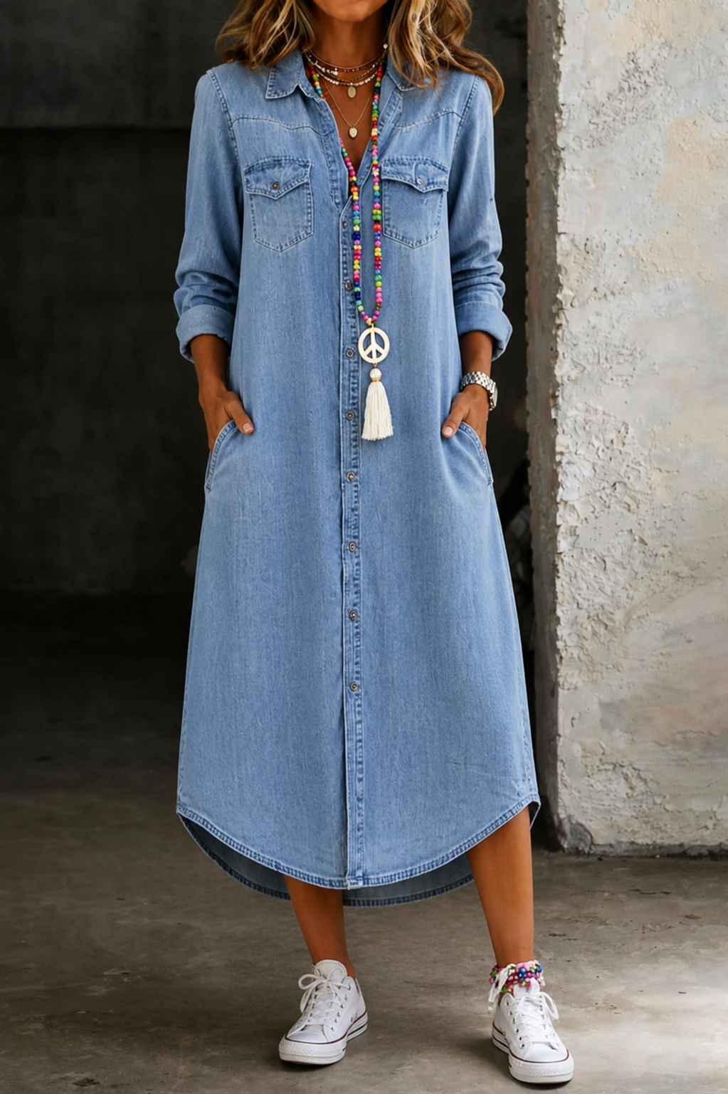 Helen | Lässiges Elegantes Langes Jeanshemdkleid