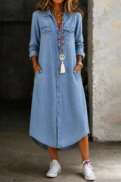 Helen | Lässiges Elegantes Langes Jeanshemdkleid