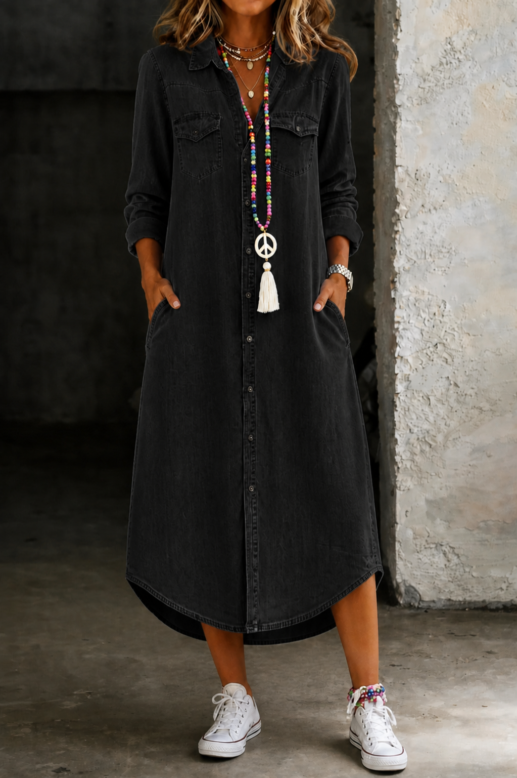Helen | Lässiges Elegantes Langes Jeanshemdkleid