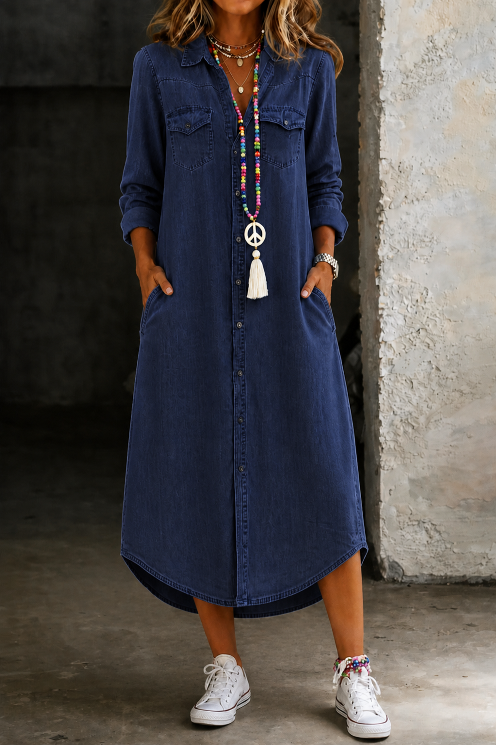 Helen | Lässiges Elegantes Langes Jeanshemdkleid