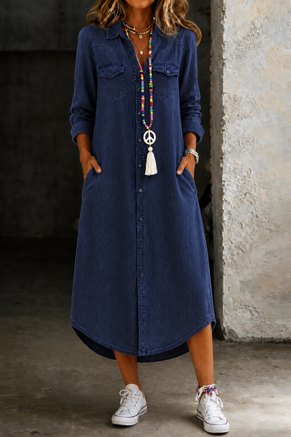 Helen | Lässiges Elegantes Langes Jeanshemdkleid