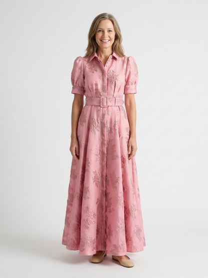 Xanthea | Kurzärmliges, tailliertes, floral strukturiertes Maxikleid