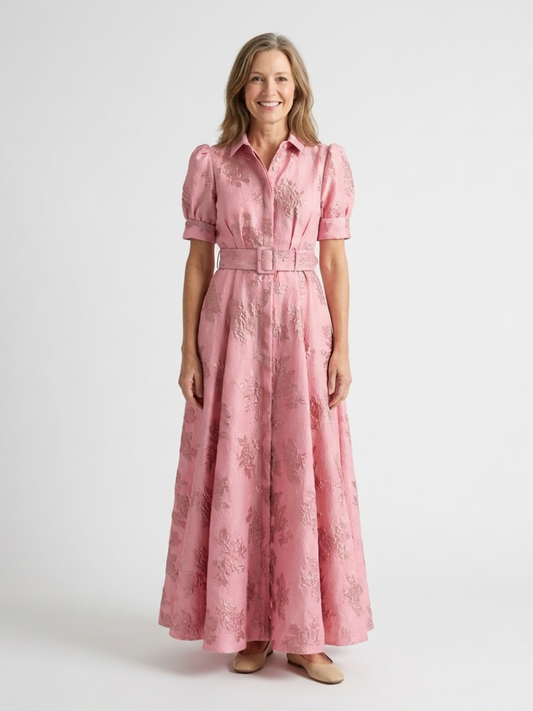 Xanthea | Kurzärmliges, tailliertes, floral strukturiertes Maxikleid