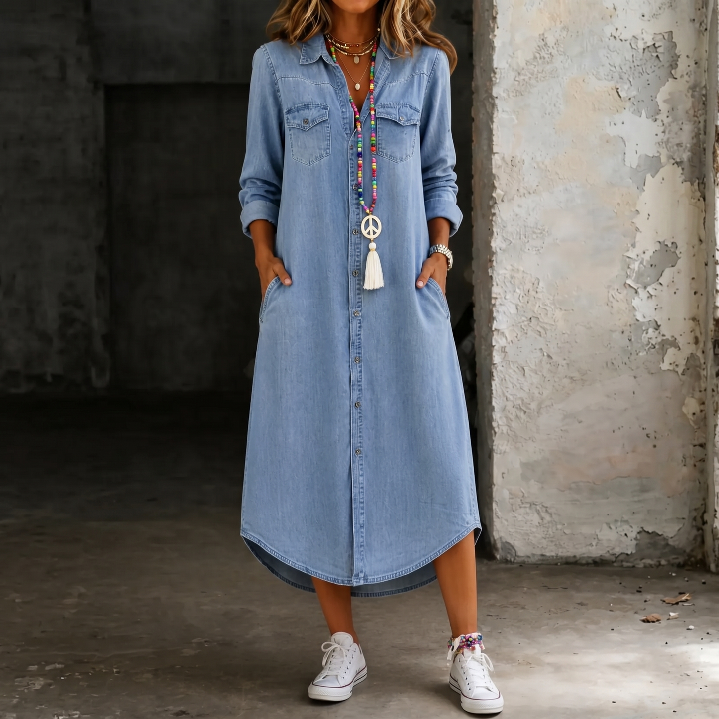Helen | Lässiges Elegantes Langes Jeanshemdkleid
