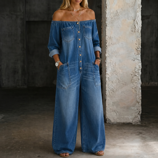 Elena | Jumpsuit mit schulterfreien und langen Ärmeln