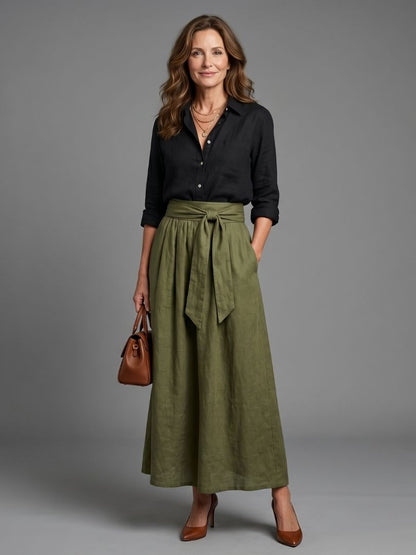 Vera | Zweiteiliges Set Schwarze Bluse Olivgrüner Midirock